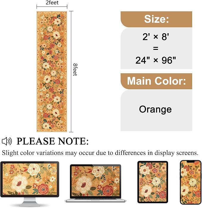 DUKINO 2x8 Runner Rug, Washable Runner Rug for Kitchen Non Slip, Orange | Floral, Low Pile, Soft Indoor Rug for Hallway, Entryway, Bedroom, Bathroom, Pet Friendly, Stain Resistant, Modern Home Decor