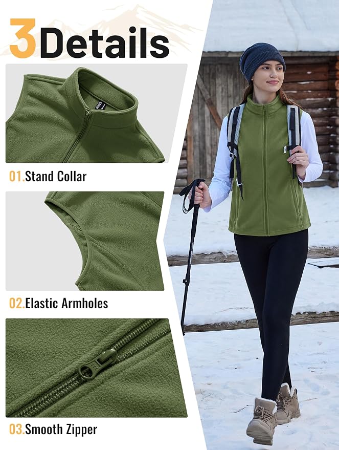 TACVASEN Women's Fleece Vest Lightweight Sleeveless Zip Jacket Outerwear | Soft Polar,Zipper Pockets,Stand Collar,Fall Winter Warm,Outdoor,Athletic,Running,Hiking,Travelling,Golf,Work