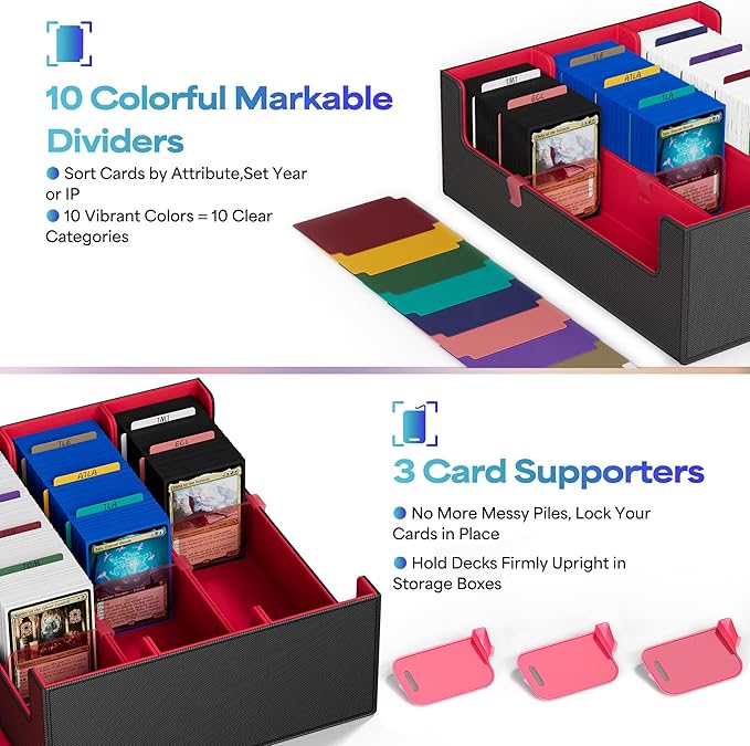 UAONO Trading Card Storage Box, Holds 1800 Sleeved Cards with 10 Dividers & 3 Stoppers, Magnetic Closure PU Leather Card Case for MTG, PTCG, YGO, Sports Cards (Black&red)