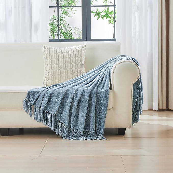 CozeCube Chenille Throw Blanket, Dusty Blue Fringe Blanket, 50"X60" | For Couch, Cozy Plush Fuzzy Decorative Blanket with Fringe Tassels, Lightweight Throws for Bed Sofa Gift Home Decor