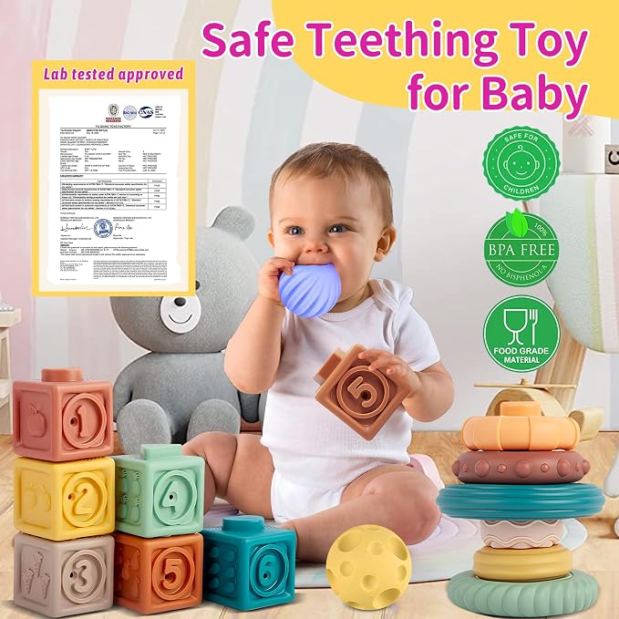 Baby Toy Set, 3 in 1 Baby Blocks, Teething Rings & Sensory Balls 6M+ | 18PCS Soft Pastel Set, Soft Blocks, Teething Rings, Sensory Balls, Number & Fine Motor Play, Activity Gifts for Toddlers