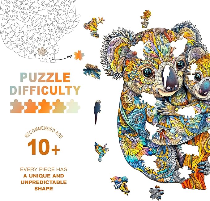 Wooden Puzzles for Adults - Koala Family Wooden Jigsaw Puzzle, Unique Animal Shaped Wood Puzzles Adult, Christmas Birthday Gifts for Friends/Family, Home Decor 13.4 * 11.6in 230pcs