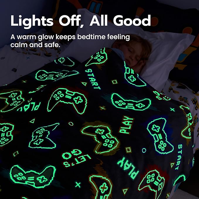 Joiedomi Glow in The Dark Gaming Blanket Gamer Gifts for Boys Age 2 3 4 5 6 7 8 9 10 11 12 Year Old, Soft Cozy Flannel Kids Throw Blanket, Birthday Bedroom Decor Grey 50"×60"