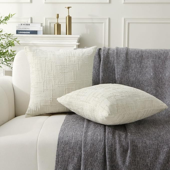 18" x 18" Decorative Throw Pillow with Inserts, Set of 2 Soft Modern Farmhouse Throw Pillows, Square Boho Pillow for Couch, Bed, Sofa Decor (White, 18" x 18"(Pack of 2))