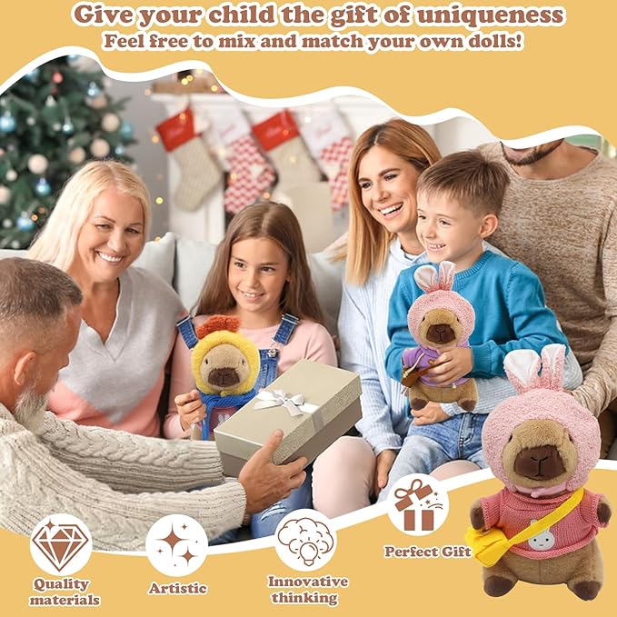 Capybara Plush with 10 pcs Clothes & Accessories, Dress Up Capybara Stuffed Animal Plush Toys with Outfits, Including 10 Sets of Clothing and Accessories, Suitable for Boys and Girls as Birthday Gifts