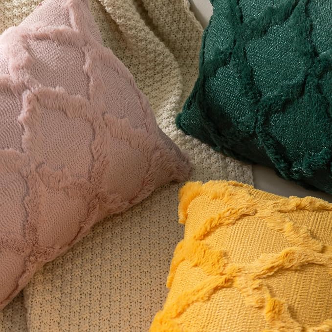 Set of 2 Soft Moroccan Throw Pillow Covers 22x22 Inch Plush Boho Decorative Pillow Cover Accent Cushion Case for Couch Sofa Bed, Mustard Yellow