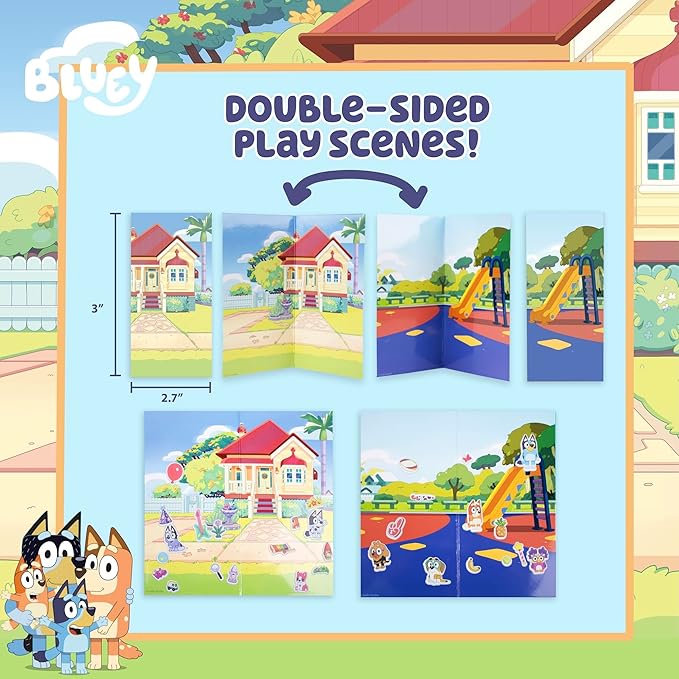 Bluey Mini Sticker Playset, 6-Pack, 45 Reusable Puffy Stickers, Double-Sided Play Scenes, Repositionable, Travel Toy for Kids & Toddlers, Blue