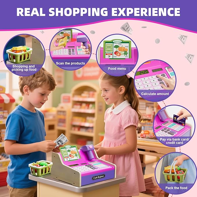 HYES Cash Registers for Kids, Rechargeable Pretend Play Toys Supermarket & Fast Food Restaurant, Cashier Toy with Play Money, Pretend Food, Birthday Gifts for Kids Boy & Girl Age 4-8, Pink