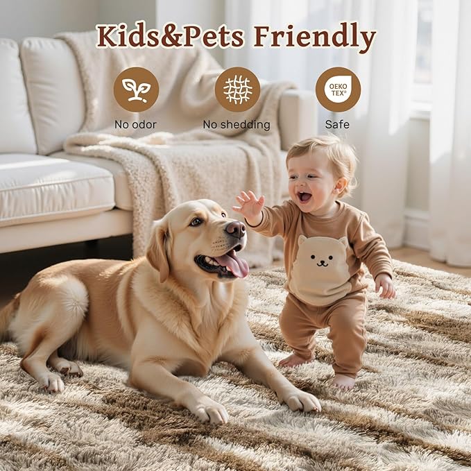 8x10 Ft Fuzzy Rugs for Living Room,Khaki Neutral Bedroom Area Rug Non-Slip,Carpet for Nursery Kids PlayRoom Indoor Modern Plush Carpets