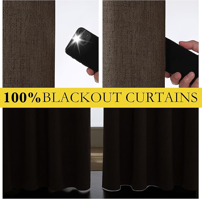 NICETOWN Coffee Vintage Linen 100% Blackout Curtains for Dining Room, Thermal Insulated Curtains 45" Long, Noise Reducing Window Treatment Drapes for Kitchen, 42" Wide Per Panel, Set of 2