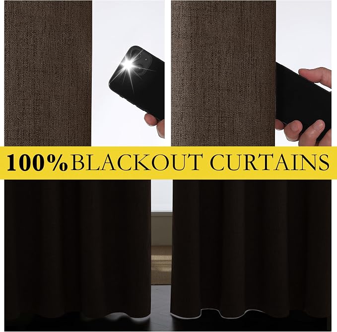 NICETOWN Coffee Vintage Linen 100% Blackout Curtains for Living Room, Thermal Insulated Curtains 90" Long, Noise Reducing Window Treatment Drapes for Home Office, 62" Wide Per Panel, Set of 2