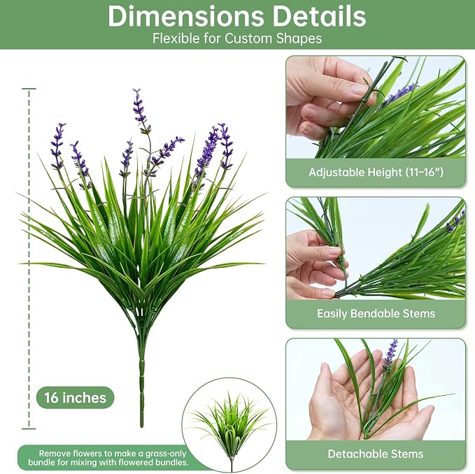 Gipsot 15 Bundles Artificial Faux Plants Flowers UV Resistant No-Fade, Adjustable Height Fake Greenery Indoor & Outdoor Decor for Window Garden Porch Patio Pathway Hanging Planter Front Yard, Purple