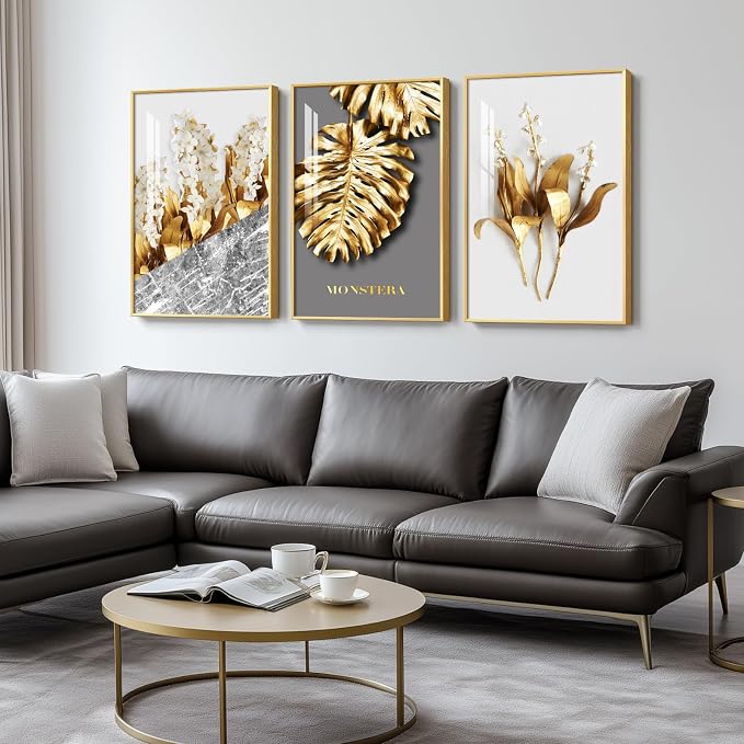 Framed Modern Luxury Large Gold Wall Art for Living Room, Set of 3 Piece Contemporary Paintings Artwork for Walls, Big Size Prints with Gold Frame, Pictures for Hallway, Office Wall Decor 24x36 Inch