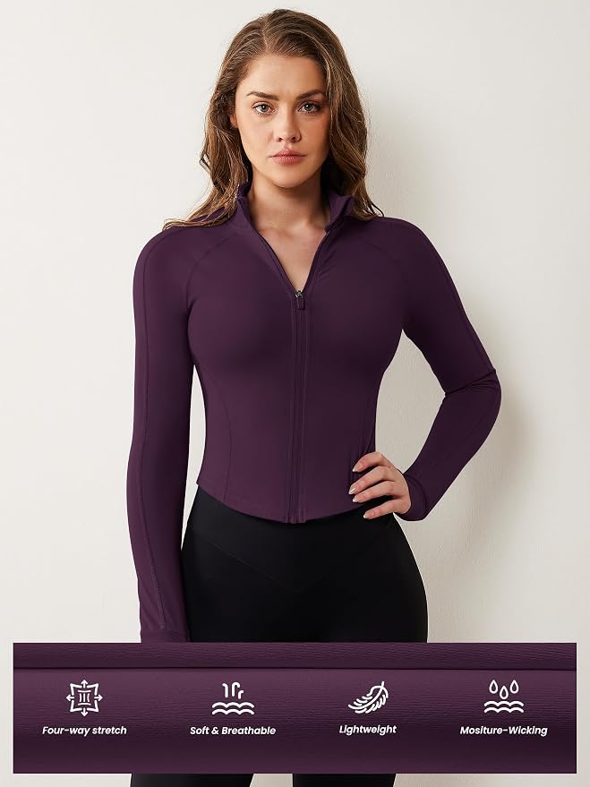 AVGO Women's Workout Jacket Lightweight Zip Up Cropped Yoga Jackets Slim Fit Athletic Tops with Thumb Holes
