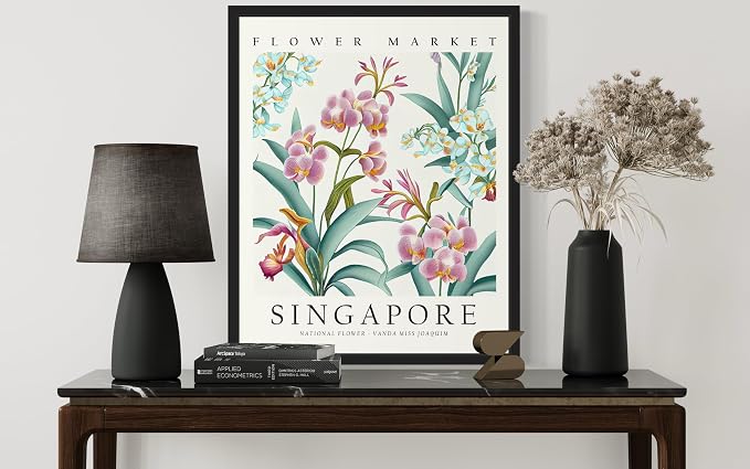 Singapore Flower Market Art Print Poster, Wall Art Floral Painting Botanical Decor for Bedroom, Kitchen, Bathroom Livingroom Decoration 82B (Singapore, 10"L x 8"W, Black Frame)