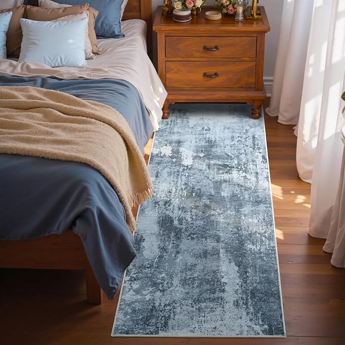 2x6 Ft Washable Runner Rug, Non-Slip Low Pile Hallway Kitchen Area Rug, Soft Long Entryway Floor Mat Abstract Pattern Carpet for Bedside & High-Traffic Areas (Blue Grey)