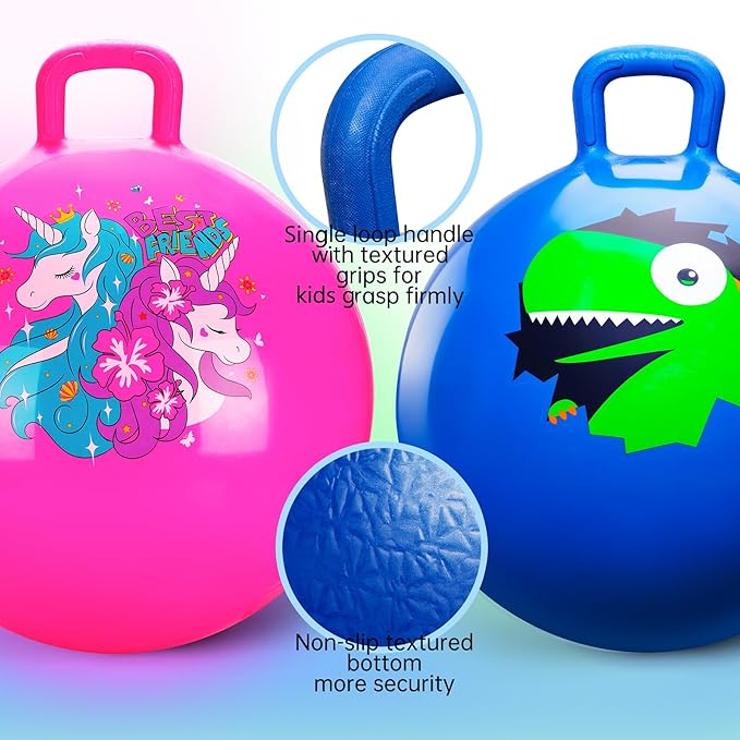 ZOOJOY Hopper Ball 2 Pack, 18 in Hopping Balls for Kids 3-8, Bouncy Ball with Handle for Boys & Girls Indoor Outdoor Play, Inflatable Bounce Hippity Hop Toys with Pump(Dinosaur & Unicorn)