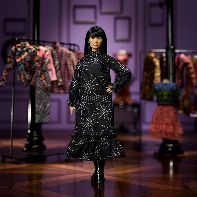 Barbie Inspiring Women Anna Sui Doll Collectible in Boho Chic Black Dress Outfit with Boots, Sunglasses, & Perfume Accessory