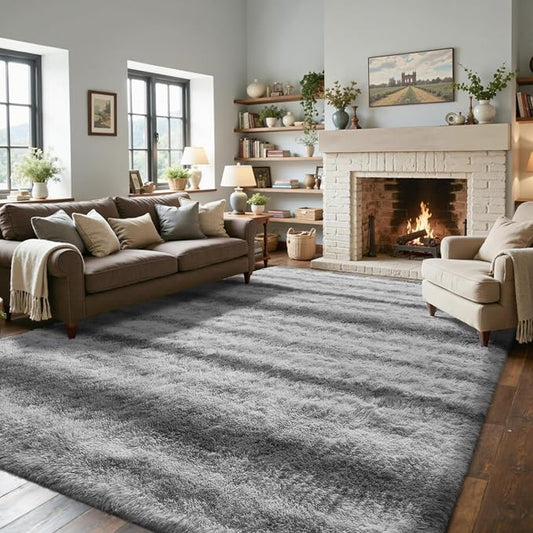5x7 Ft Large Shag Rug for Living Room Bedroom,Tie-Dyed Ultra Soft Fluffy Furry Area Rug, Aesthetic Carpet for Indoor Floor Home Decor (Grey&White)