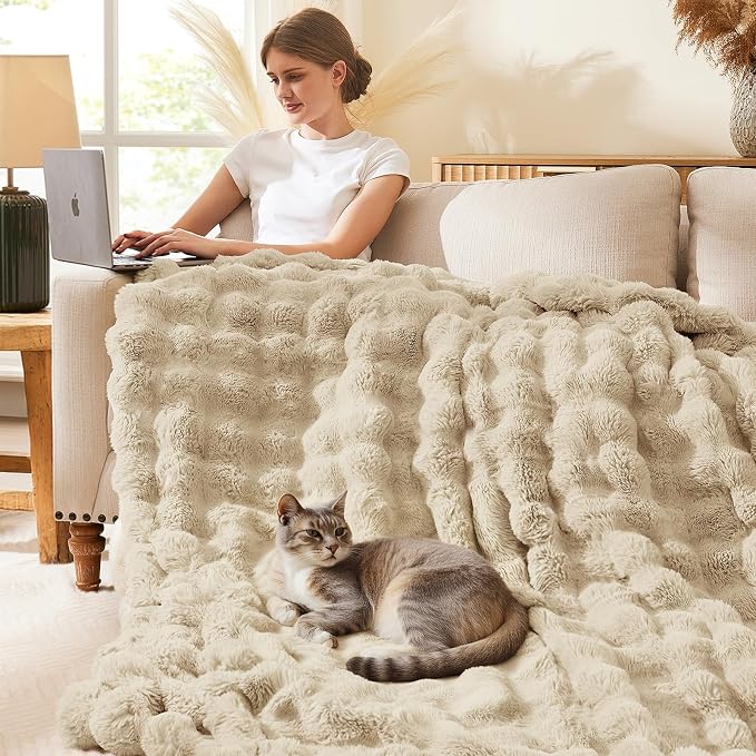 L'AGRATY Faux Rabbit Fur Throw Blanket for Couch, 60'' x 80'' Almond White | Soft Cozy Bubble Fluffy Blanket for Sofa Bed, Thick Warm Plush Fuzzy Throw for Room Home Decor, Luxury Gift for Women Mom