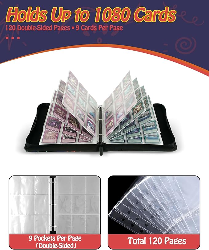 Trading Card Binder, 9-Pocket, Holds 1080 Cards, 120 Pages Side-Loading Card Album, PU Leather, Acid-Free Archival Sleeves, Durable Organizer for MTG, TCG & Sports Cards, Gift for Kids, Boys and Girls