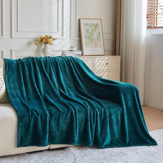 NEWCOSPLAY Fleece Leaves Pattern Queen Blanket, Dark Teal, 90"x90" | Super Soft Throw Blanket, Lightweight Cozy Bed Sofa Blanket, Premium Silky Flannel Fleece, Travel Blanket for All Season Use