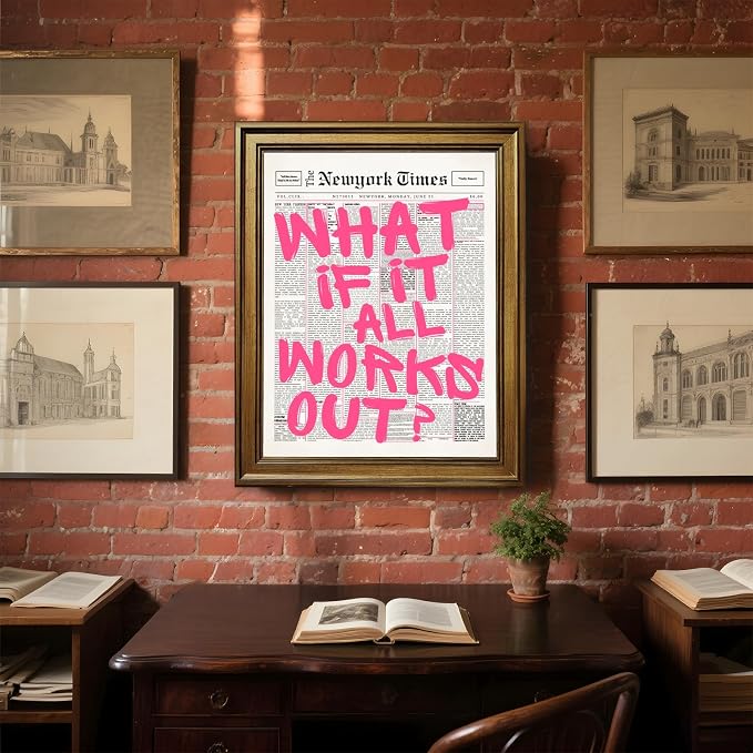 What If It All Works Out Poster Retro Newspaper Pink Wall Art Positive Affirmation Quote Minimalist Canvas Painting Prints Wall Decor Aesthetic for Home Bedroom Office 12x18inch Gold Framed