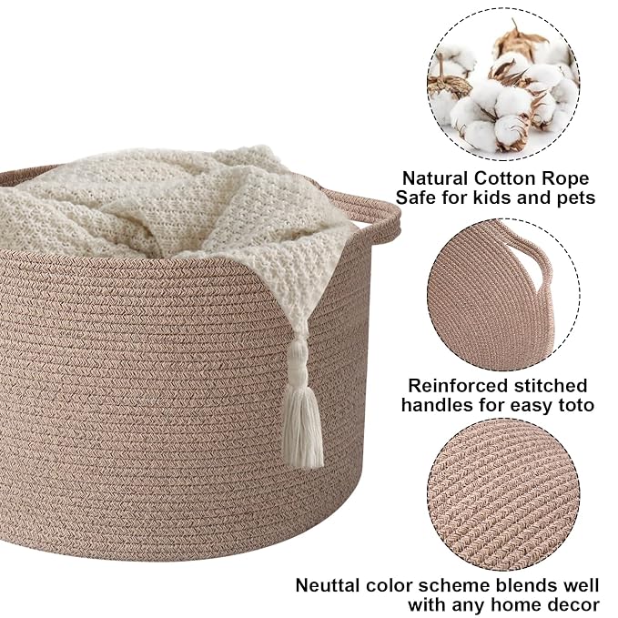 115L Large Blanket Basket,Woven Rope Laundry Basket-Brown | Collapsible, reinforced handles, nursery storage bin organizes clothes, toys and pillows for living room, bedroom bathroom.