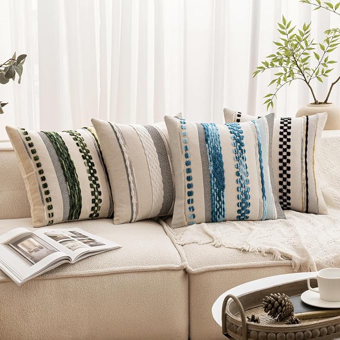 ANRODUO Boho Decorative Pillow Covers 18x18 Sky Blue Stripe 3 Pack of 2 | Throw Pillow Covers, Farmhouse Cushion Case, Chenille Pillow Cases, Pillow Covers, Accent Neutral Pillowcase for Sofa Couch