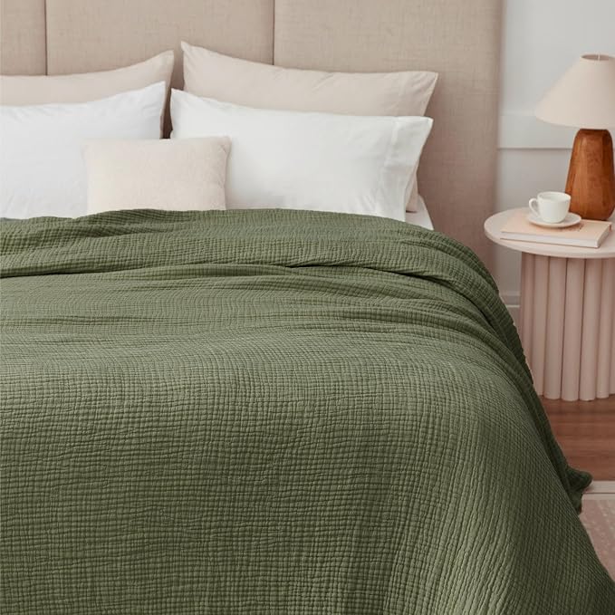 100% Cotton Muslin Blanket 50" x 60", Breathable and Lightweight Cotton Throw Blankets for Couch, Soft Cooling Summer Gauze Blanket for Adults All Season, Olive Green