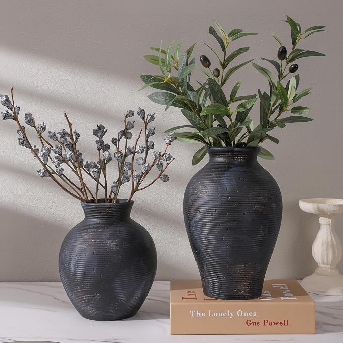 Ceramic Flower Vase Home Decor, 7.4 in Farmhouse Table Vase Retro Vintage Living Room Kitchen Bedroom Decoration Pottery Decorative Vases for Flowers House Shelf Office Desk Dining Entryway, BlackGold