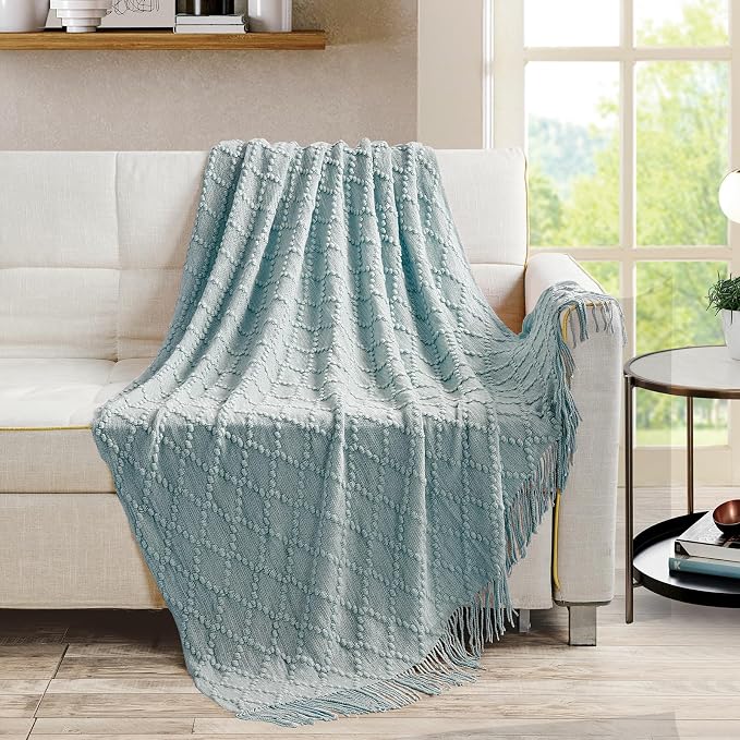 BOURINA Auqa Throw Blanket 50 x70 Inch Jacquard Throw Knitted Blanket | Jacquard Argyle Throw Textured Solid Soft Throws and Blankets for Sofa or Bed Knitted Decorative Blanket