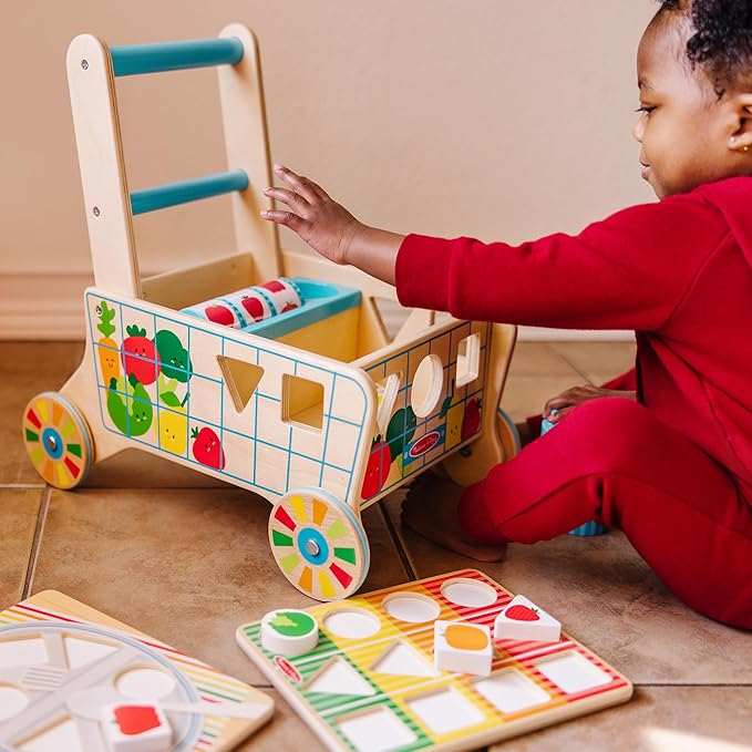 Melissa & Doug Wooden Shape Sorting Grocery Cart - Toddler Toys with 12 Blocks, Puzzle Board and Coffee Cup for Pretend Play and Montessori Toys - FSC Certified