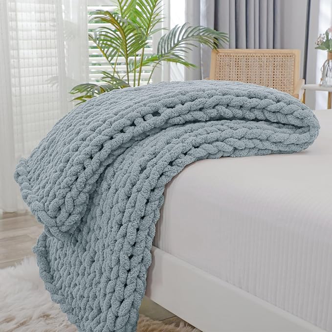 Bigacogo Chunky Knit Throw Blanket for Couch, 40x40 inches, Dusty Blue | Hand Knit with Jumbo Chenille, Soft Breathable Cable Knit for Sofa Bed Living Room, Machine Washable, Gift for Mom Friend
