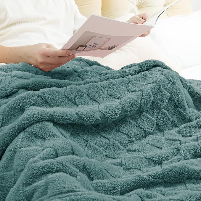 Exclusivo Mezcla 3D Checkered Fleece Throw Blanket for Couch, Celadon | Super Soft and Cozy Fluffy Throw, Lightweight and Breathable, Cute Fuzzy Blanket for Sofa, Home Decor, All Season, 50"x60"
