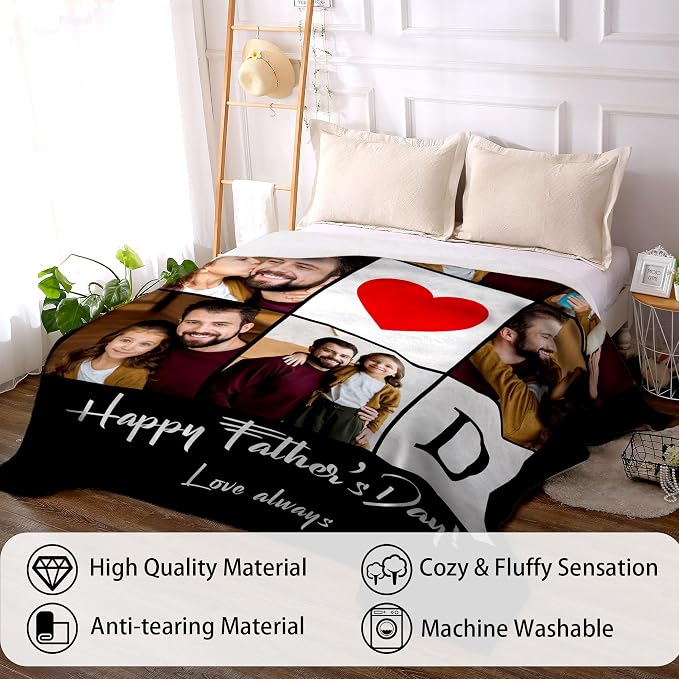Funny DIY Personalized for Dad Husband Grandpa from Daughter Son Kids Wife Customized Father's Day Blanket Custom Photo Blanket with Pictures Text Best Dad Ever Ideas Birthday Gifts