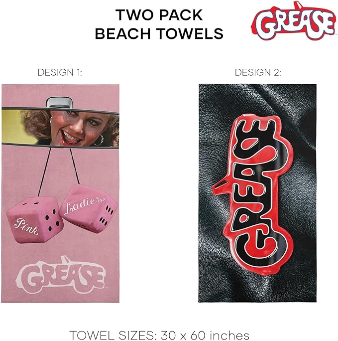 NORTHWEST Grease Pink Ladies Beach Towel Set – 2-Pack Oversized - Quick-Dry, Soft, Sand-Free, Absorbent Pool & Bath Towels with Retro Jacket Logo 30" x 60"
