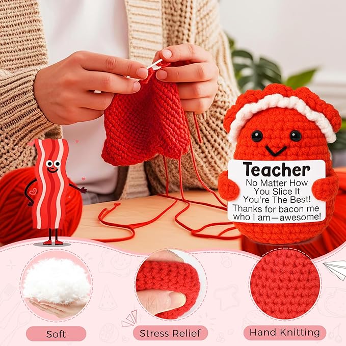 Mini Teacher Gifts Handmade Crochet Bacon for Women Teacher Appreciation Gifts Best Even Teachers for Birthday Back to School from Student End of Year Thank You Gift for Teachers Thankving Chrsitmas