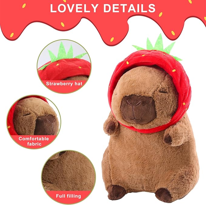 Capybara Plush Cute Capybara Stuffed Animal Kawaii Plush with Strawberry Hat Capybara Gifts Cute Plush Pillow Birthday for Boys Girls 12 Inch