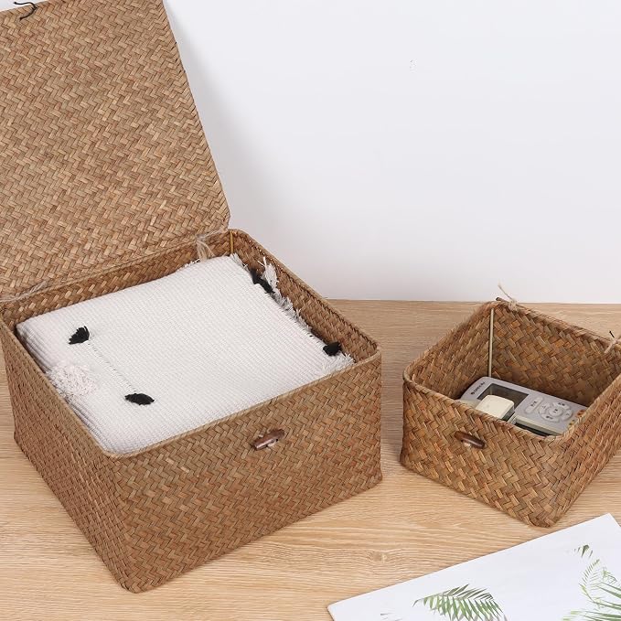 Moosky Wicker Shelf Baskets with Lid, Handwoven Seagrass Storage Basket Bins Square Gift Boxes for Shelves Home Decor Organizer (Coffee, Set of 4)