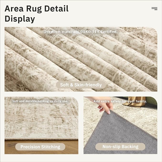 Soalmost Washable Area Rug 8x10 Large Soft Living Room Rugs Light Brown | Farmhouse Vintage Carpet Non-Slip for Dining Bedroom, Stain Resistant Low Pile Foldable Thin Floor Mat Under Table Home Decor