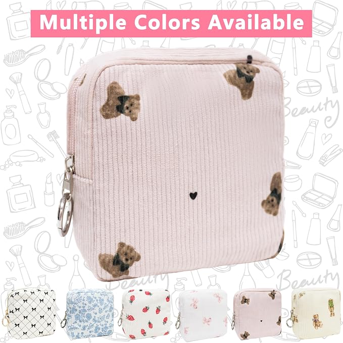 Period Bag for Girls, Corduroy Period Kit with Sanitary Pad Pouch, Menstrual Storage Bag and Tampon Holder for Purse, Girls School Essentials,Feminine Care Organizer(Pink Bear)