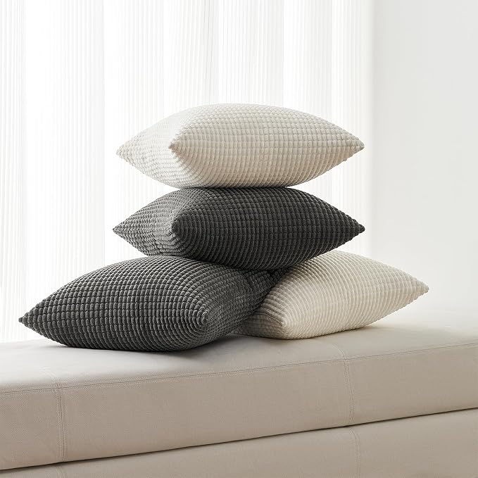 Topfinel 22x22 inches Euro Pillow Shams Set of 4 Soft Corduroy Decorative Throw Pillow Covers for Bedroom Living Room Boho Textured Striped Patchwork Couch Pillow Covers 55x55 cm Darkgrey