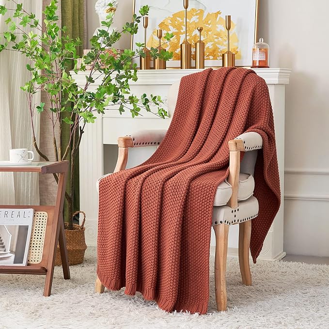 Chunky Cable Knit Throw Blanket Lightweight Rust 100% Organic Cotton Blanket for Sofa Couch Bed Baby Nursery, Rustic Shabby Chic Modern Farmhouse, 51” x 63” Give Laundering Bag