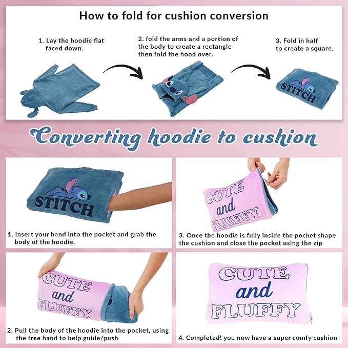 Disney Blanket Hoodie for Kids, 2-in-1 Folds into Travel Cushion, Stitch Baby Yoda Maleficent Eeyore, Gifts for Girls Boys