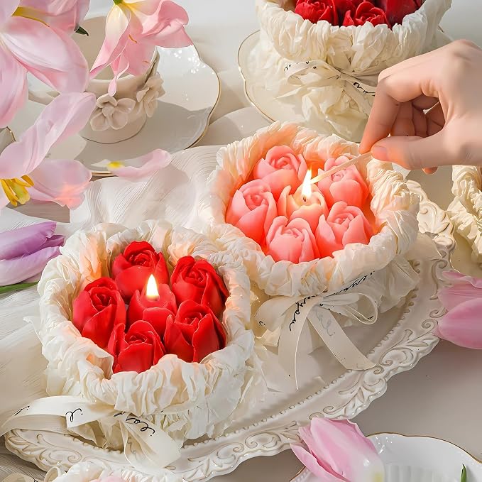 Handmade Floral Bouquet Candle, Scented Peony & Rose Shape, Gift for Women, Home Décor, Aromatherapy, Small (2.8"x2.4", 3 Flowers) & Large (3.6"x3", 5 Flowers) – Pink & Rose Red (Pink, Small)