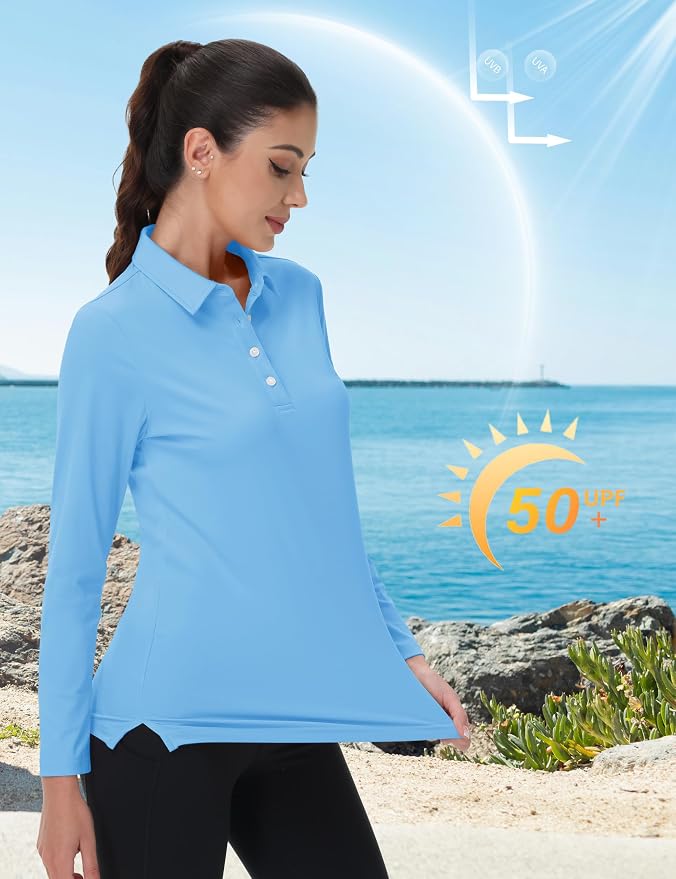 MAGCOMSEN Long Sleeve Polo Shirts for Women Golf Tops with Collar Work | UPF 50+ Sun Protection, 4 Buttons, Moisture Wicking, Breathable, 4-Way Stretch, Collared, Quick Dry, Active, Casual, Tennis