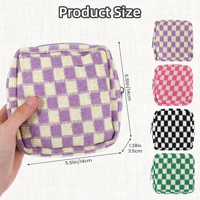 4 PCS Sanitary Napkin Storage Bag, Menstrual Pad Zipper Period Pouch Portable Period Bag Panty Liners, Pad Pouch with Zipper for Women Ladies Daily Use Purse Travel(Checkered,4 Colors)