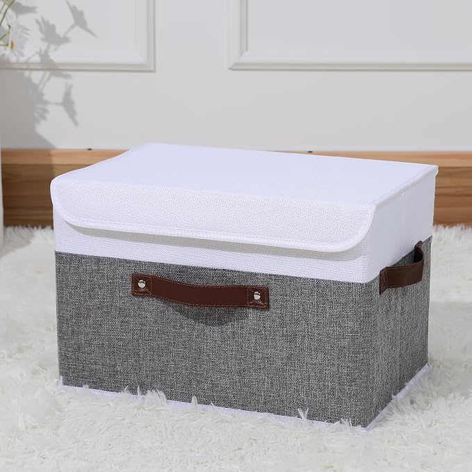 ANMINY Fabric Storage Box Bins with Lids, Gray White, 15"x10"x10" | Keepsake Memory Storage, Cotton Linen, PP Board Reinforced, Washable, PU Handles, Foldable & Stackable, Decorative, Large