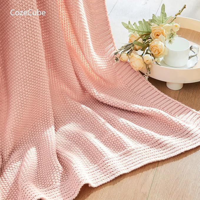 CozeCube Pink Seed Stitch Throw Blanket 60"x80", Farmhouse Decor | Blanket for Couch, Soft Cozy Cable Knit Throw for Bed Sofa Living Room, Lightweight Warm Decorative Christmas Blanket